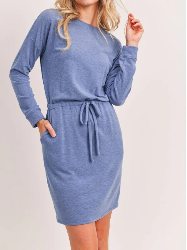 Round Neck Long Sleeve Dress In Denim Blue Belted Denim Skirt