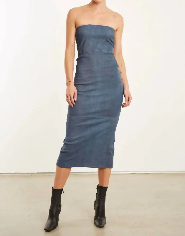 Suede Tube Dress In Denim Wide Leg Denim Skirt