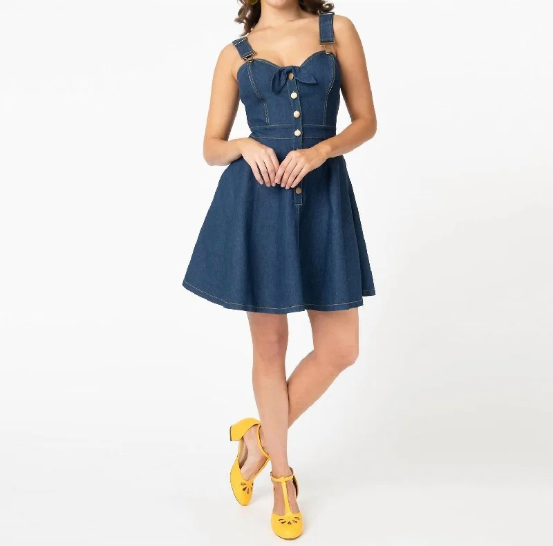 Vaughn Denim Fit And Flare Dress In Blue Slim Denim Skirt