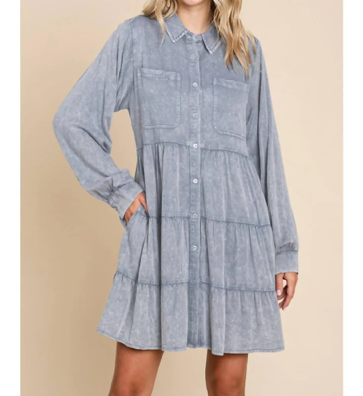 Washed Babydoll Dress In Denim Mid-Length Denim Skirt