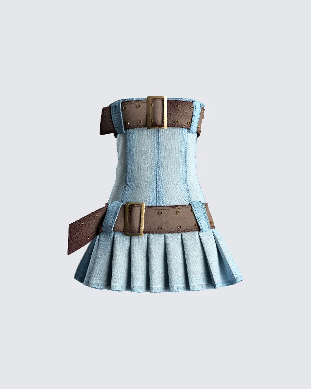 Cambry Blue Pleated Denim Dress Denim Skirt Fashion