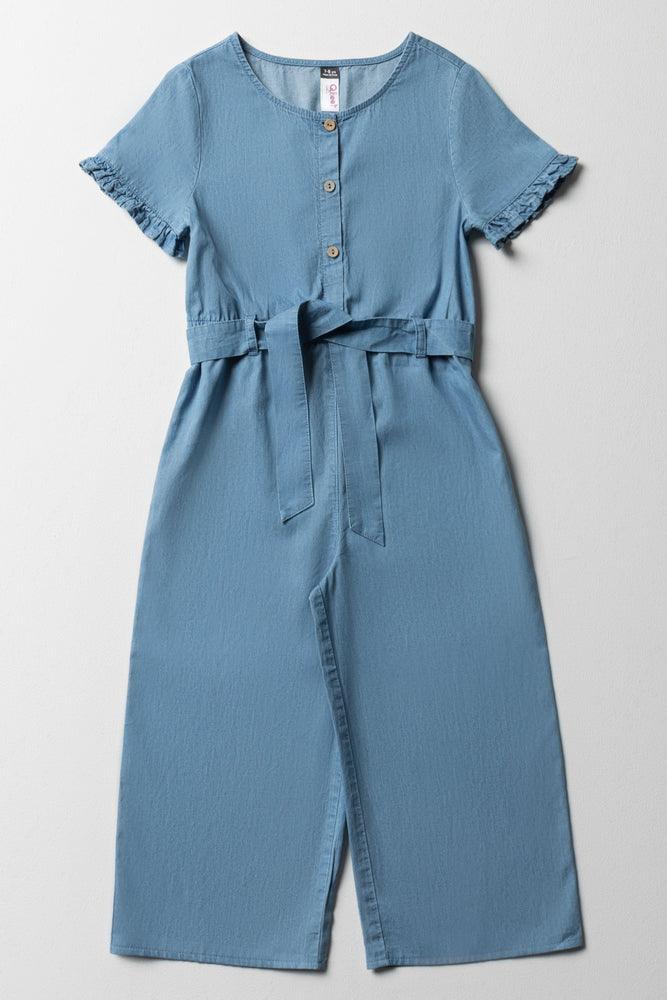 Denim Belted Jumpsuit With Frill Sleeves Blue Pleated Denim Skirt