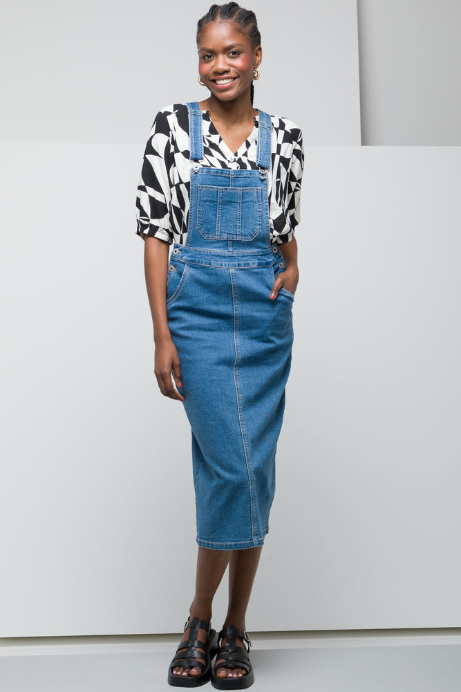 Denim Dungaree Dress Mid Blue Elastic Waist Denim Skirt