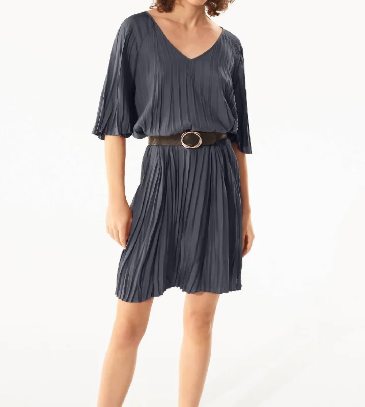 Pleated Dress In Denim Raw Hem Denim